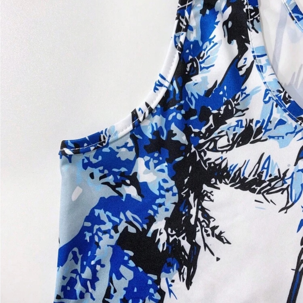 Blue and Black Palm Print Dress - Picture 3 of 5